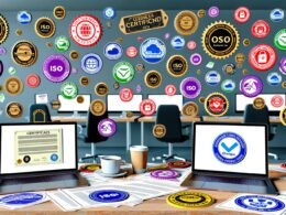 Modernes Büro voller Laptops, bunter Zertifikats-Logos und Papierstapel mit Siegeln. Kaffee-Tassen, Sticker mit ISO, Trusted Shop und Google Partner sind sichtbar. Die Szene vermittelt die Überflutung mit Zertifikaten im digitalen Marketing.