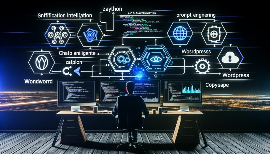 Dunkles, modernes Homeoffice mit Person an mehreren Monitoren, die komplexe Workflows, Code und KI-Tools wie ChatGPT und Zapier für Blog-Automation zeigt.