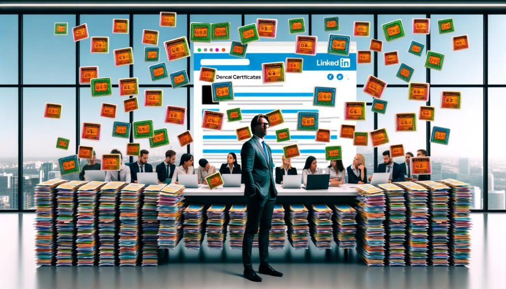 Nachdenkliche Person in modernem Büro mit Stapeln bunter Zertifikate, digitalen Badges und einer vollgeklebten LinkedIn-Seite im Hintergrund, Kollegen präsentieren stolz Urkunden.
