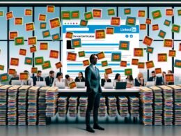 Nachdenkliche Person in modernem Büro mit Stapeln bunter Zertifikate, digitalen Badges und einer vollgeklebten LinkedIn-Seite im Hintergrund, Kollegen präsentieren stolz Urkunden.