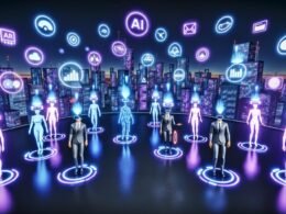 Virtuelle Metaverse-Stadt mit Neonlichtern, Business-Avataren, KI-Assistenten und digitalen Marketing-Dashboards im Stil von Decentraland und Roblox