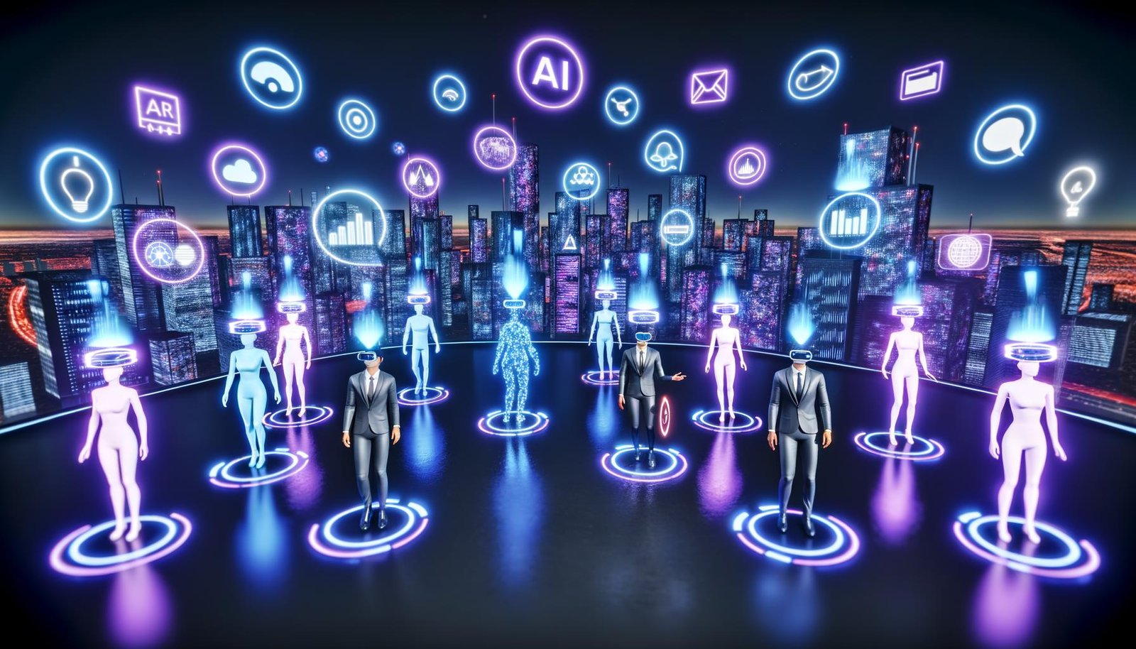 Virtuelle Metaverse-Stadt mit Neonlichtern, Business-Avataren, KI-Assistenten und digitalen Marketing-Dashboards im Stil von Decentraland und Roblox