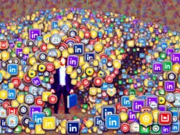 Illustration eines Sturms aus bunten Online-Marketing-Zertifikaten, die über Laden von LinkedIn-Profilen und Webseiten schweben, während Kompetenzträger im Schatten stehen.