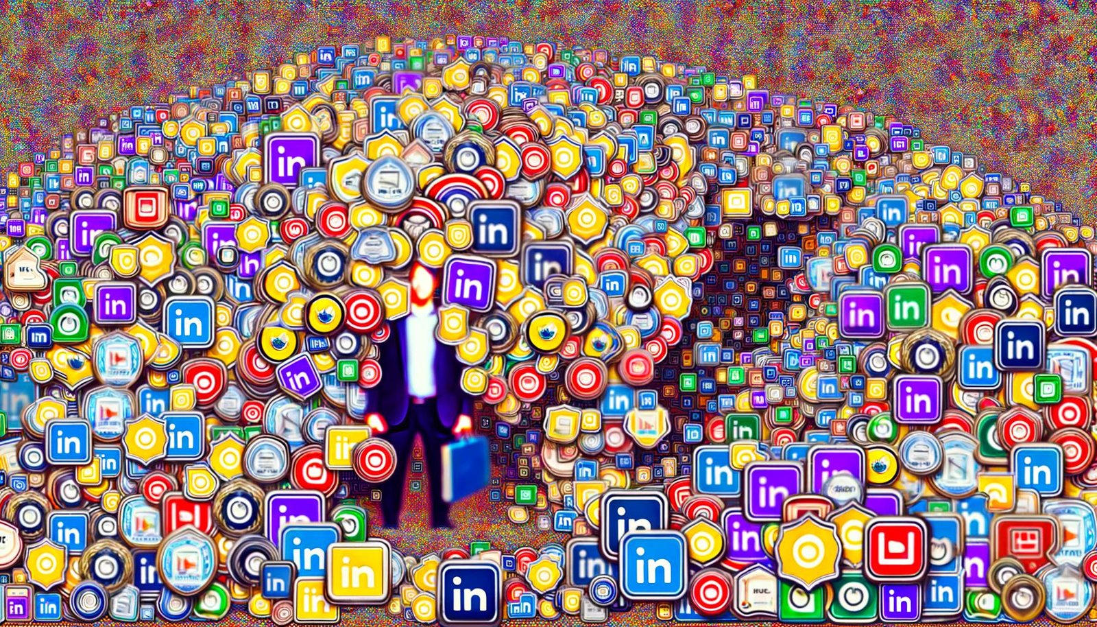 Illustration eines Sturms aus bunten Online-Marketing-Zertifikaten, die über Laden von LinkedIn-Profilen und Webseiten schweben, während Kompetenzträger im Schatten stehen.