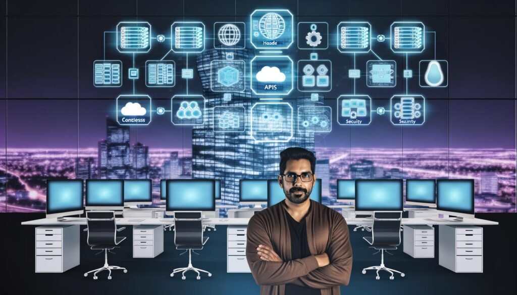 Futuristisches Büro mit mehreren Arbeitsplätzen, Tech-Profis an transparenten Bildschirmen, Content-Architekturdiagrammen und vielfältigen Geräte-Symbolen im Hintergrund.