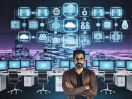 Futuristisches Büro mit mehreren Arbeitsplätzen, Tech-Profis an transparenten Bildschirmen, Content-Architekturdiagrammen und vielfältigen Geräte-Symbolen im Hintergrund.