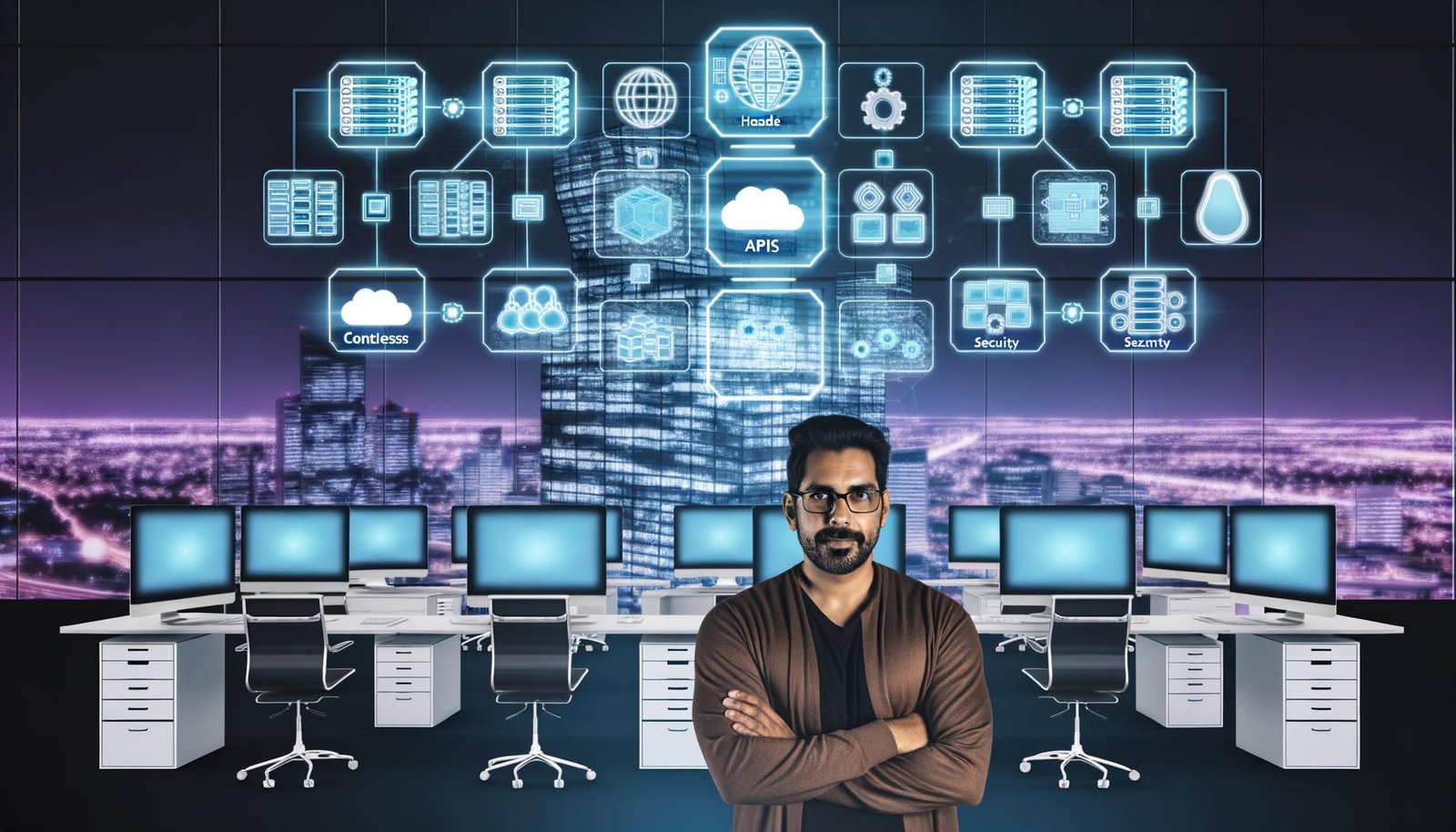 Futuristisches Büro mit mehreren Arbeitsplätzen, Tech-Profis an transparenten Bildschirmen, Content-Architekturdiagrammen und vielfältigen Geräte-Symbolen im Hintergrund.