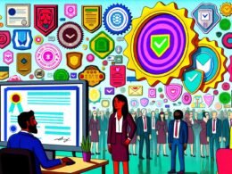 Überfüllte digitale Arbeitsfläche mit vielfältigen, teils fragwürdigen Zertifikaten und Badges, Menschen im Business- und Technikkleidung wirken irritiert und skeptisch.