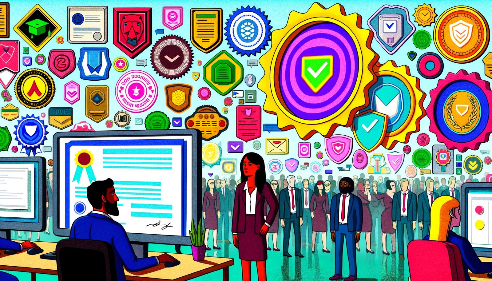 Überfüllte digitale Arbeitsfläche mit vielfältigen, teils fragwürdigen Zertifikaten und Badges, Menschen im Business- und Technikkleidung wirken irritiert und skeptisch.