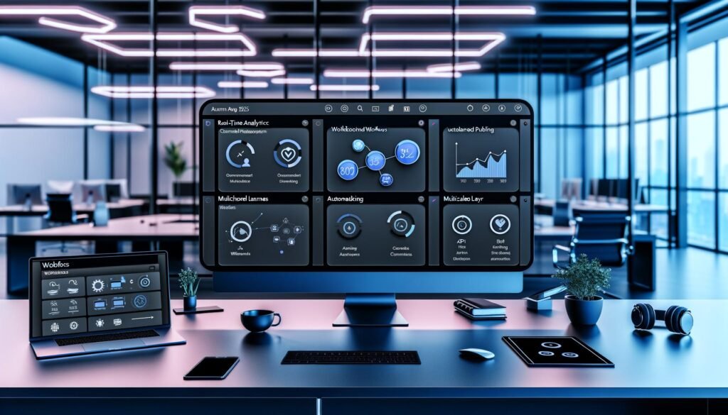 Modernes Content-Management-Dashboard mit Echtzeit-Analytics, Workflow-Automatisierung, Multichannel-Publishing und integriertem Headless CMS auf einem großen Ultrabreitbildschirm in einem minimalistischen Tech-Start-up-Büro im Jahr 2025