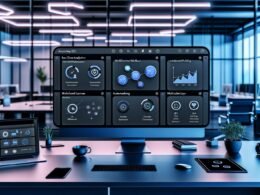 Modernes Content-Management-Dashboard mit Echtzeit-Analytics, Workflow-Automatisierung, Multichannel-Publishing und integriertem Headless CMS auf einem großen Ultrabreitbildschirm in einem minimalistischen Tech-Start-up-Büro im Jahr 2025