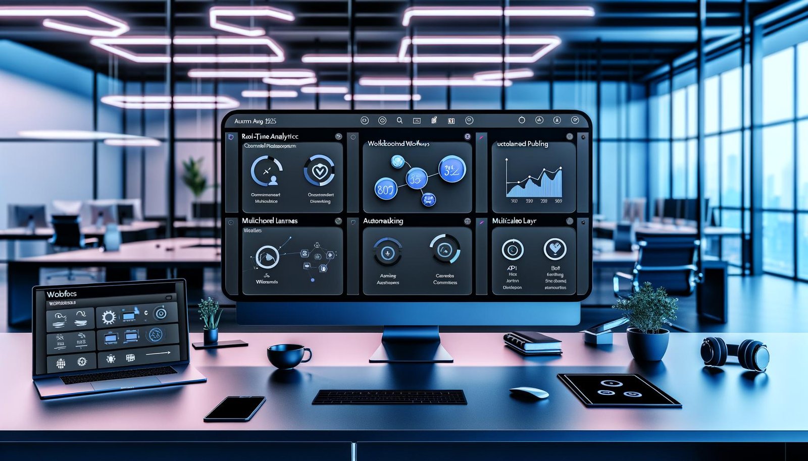 Modernes Content-Management-Dashboard mit Echtzeit-Analytics, Workflow-Automatisierung, Multichannel-Publishing und integriertem Headless CMS auf einem großen Ultrabreitbildschirm in einem minimalistischen Tech-Start-up-Büro im Jahr 2025