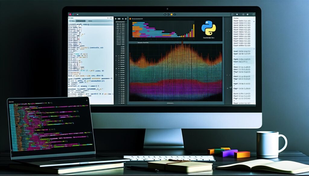 Nahaufnahme eines modernen Computerbildschirms mit einer farbenfrohen, professionellen Matplotlib-Visualisierung im Data Science-Arbeitsumfeld mit Python-Code und Kaffeetasse.
