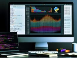 Nahaufnahme eines modernen Computerbildschirms mit einer farbenfrohen, professionellen Matplotlib-Visualisierung im Data Science-Arbeitsumfeld mit Python-Code und Kaffeetasse.