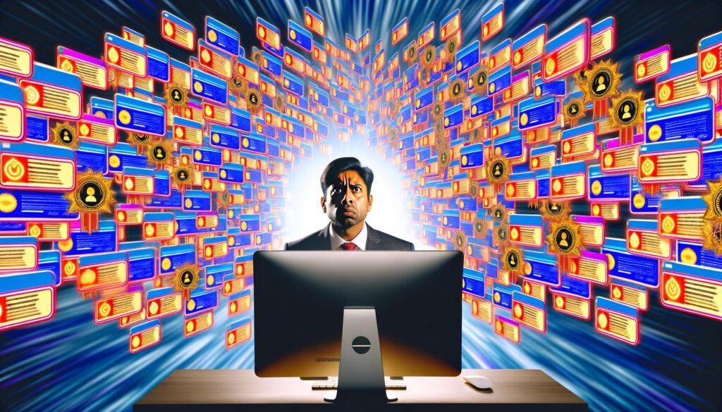 Recruiter schaut verwirrt auf einen Bildschirm mit digitalen Badges, Zertifikaten und Symbolen, die eine überladene LinkedIn- und Lebenslauf-Oberfläche überfluten.