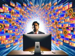 Recruiter schaut verwirrt auf einen Bildschirm mit digitalen Badges, Zertifikaten und Symbolen, die eine überladene LinkedIn- und Lebenslauf-Oberfläche überfluten.