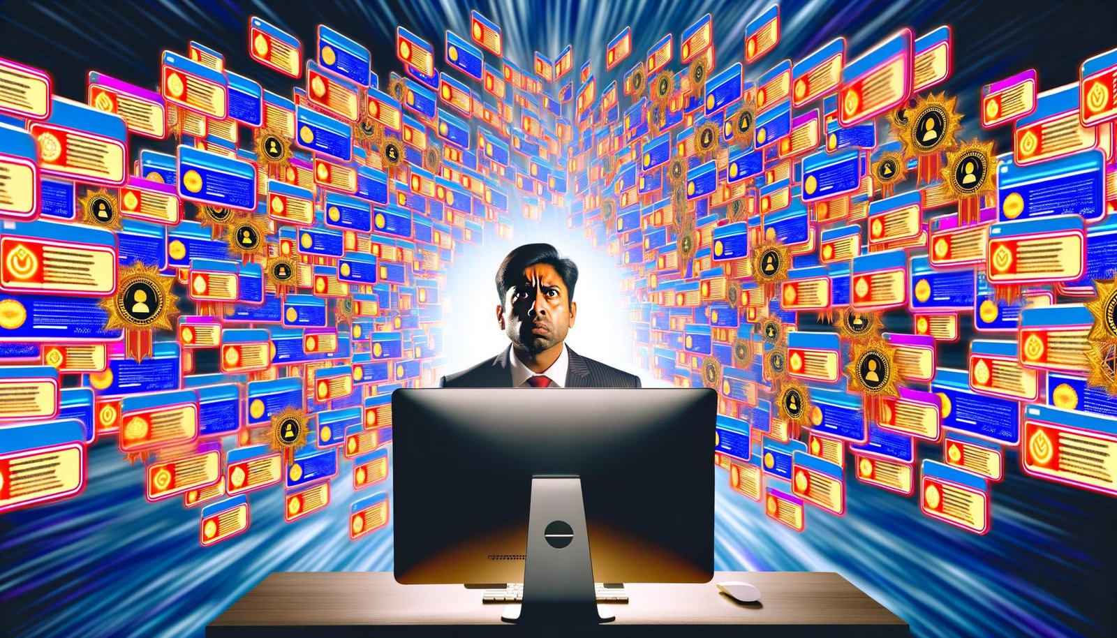 Recruiter schaut verwirrt auf einen Bildschirm mit digitalen Badges, Zertifikaten und Symbolen, die eine überladene LinkedIn- und Lebenslauf-Oberfläche überfluten.