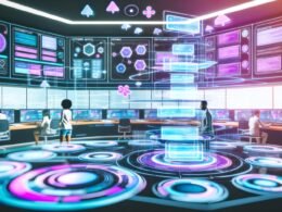 Futuristischer Kontrollraum mit digitalen Dashboards, schwebenden Hologramm-Blöcken und einem diversen Team von Profis, das an Content-Orchestrierung arbeitet.