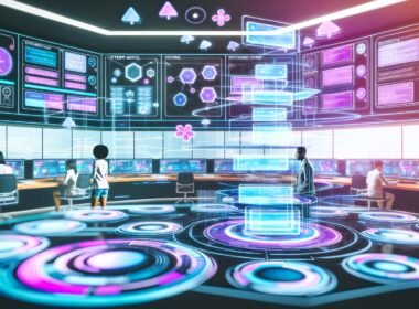 Futuristischer Kontrollraum mit digitalen Dashboards, schwebenden Hologramm-Blöcken und einem diversen Team von Profis, das an Content-Orchestrierung arbeitet.