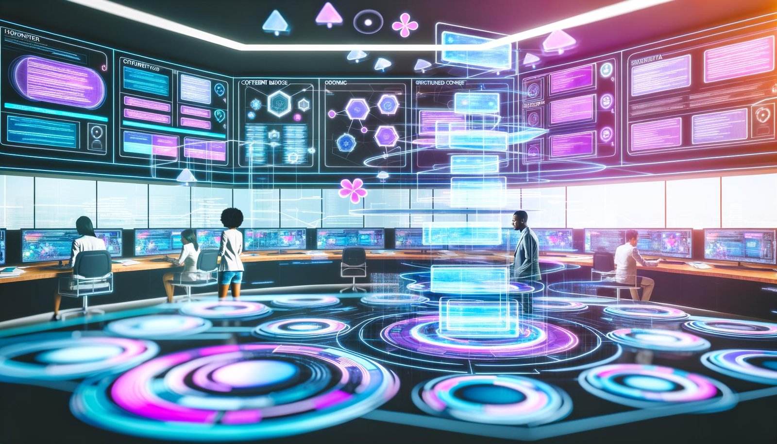 Futuristischer Kontrollraum mit digitalen Dashboards, schwebenden Hologramm-Blöcken und einem diversen Team von Profis, das an Content-Orchestrierung arbeitet.