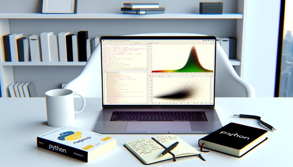 Moderner Arbeitsplatz mit Laptop, der eine farbenfrohe Matplotlib-Datenvisualisierung in Python zeigt, umgeben von Programmierbüchern, Notizbuch und Kaffeetasse in einem minimalistischen Büro.