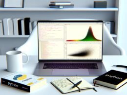 Moderner Arbeitsplatz mit Laptop, der eine farbenfrohe Matplotlib-Datenvisualisierung in Python zeigt, umgeben von Programmierbüchern, Notizbuch und Kaffeetasse in einem minimalistischen Büro.