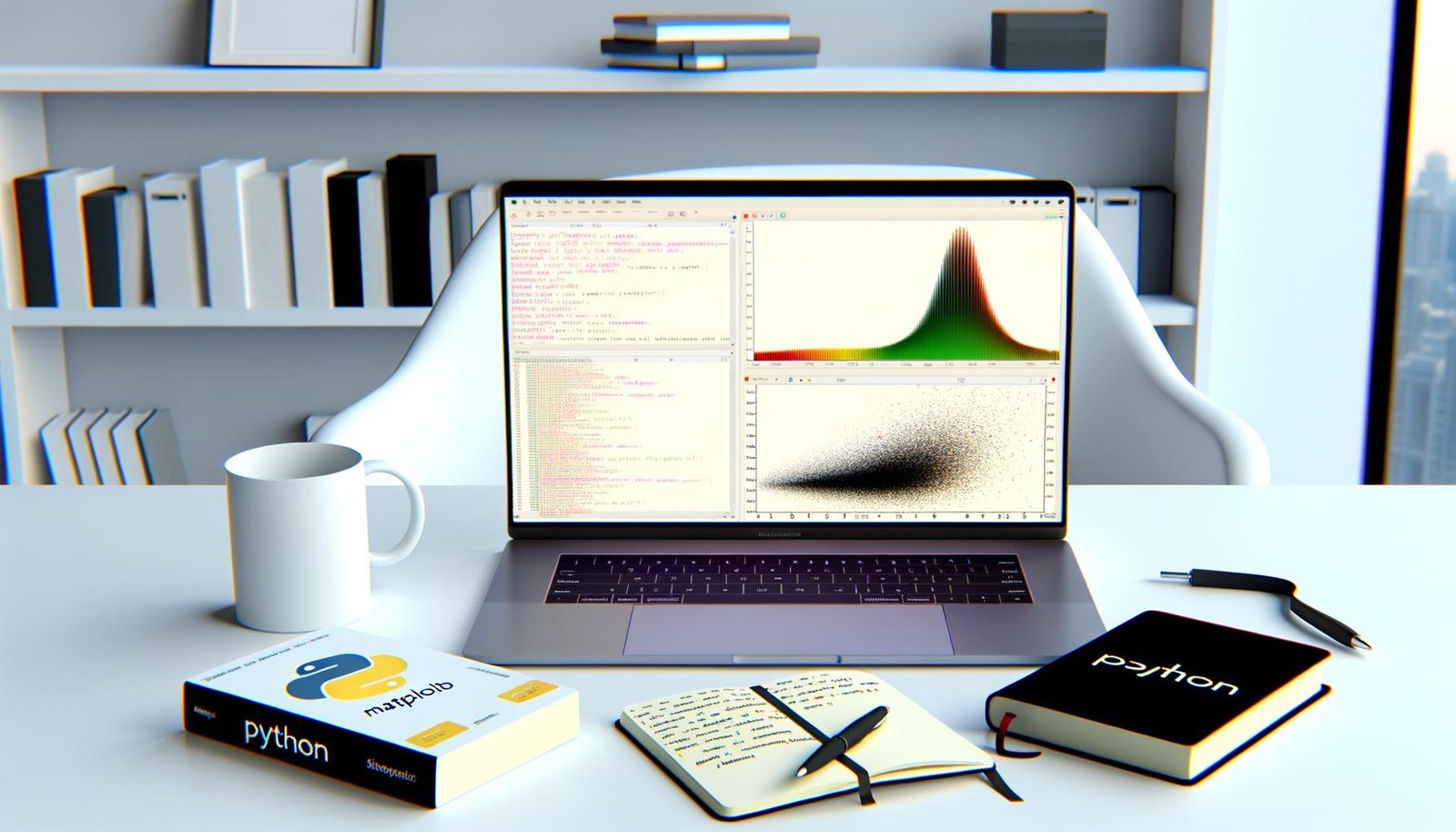 Moderner Arbeitsplatz mit Laptop, der eine farbenfrohe Matplotlib-Datenvisualisierung in Python zeigt, umgeben von Programmierbüchern, Notizbuch und Kaffeetasse in einem minimalistischen Büro.
