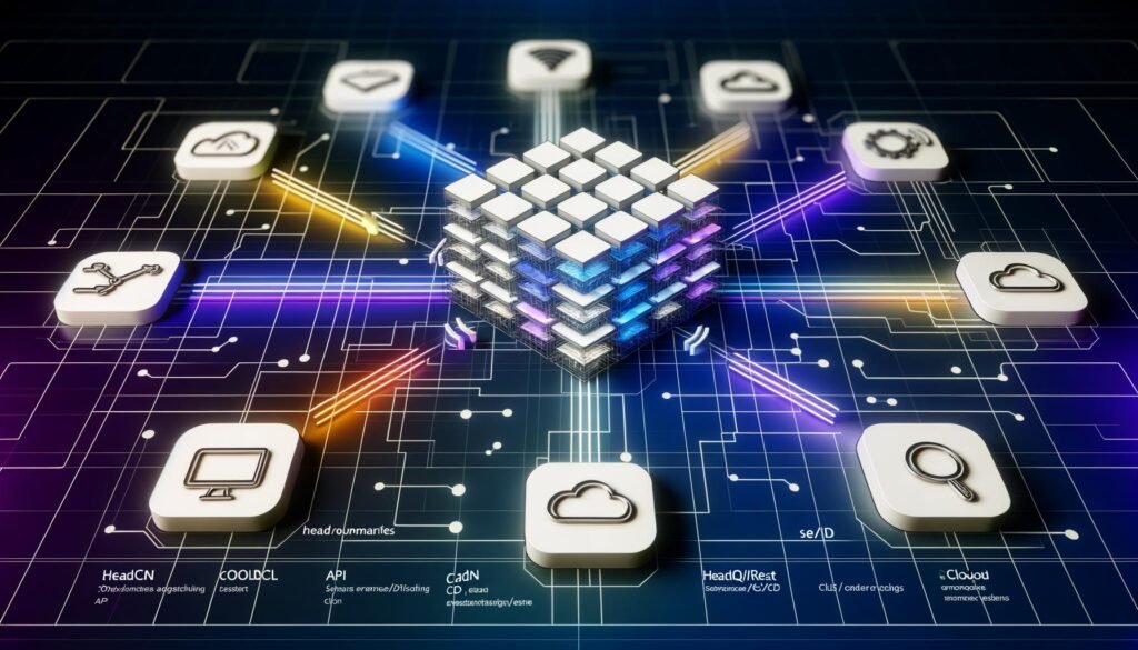 Digitale Illustration eines leuchtenden, modularen Frameworks mit API-Verbindungen zu verschiedenen Endgeräten, flankiert von Symbolen für Headless-CMS, GraphQL, REST, CDN, CI/CD und Cloud, sowie integrierten SEO-Icons, in einer futuristischen blauen und lilafarbenen Szenerie.