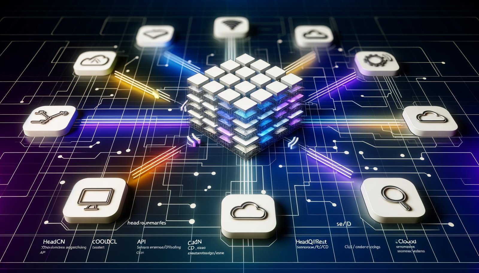 Digitale Illustration eines leuchtenden, modularen Frameworks mit API-Verbindungen zu verschiedenen Endgeräten, flankiert von Symbolen für Headless-CMS, GraphQL, REST, CDN, CI/CD und Cloud, sowie integrierten SEO-Icons, in einer futuristischen blauen und lilafarbenen Szenerie.