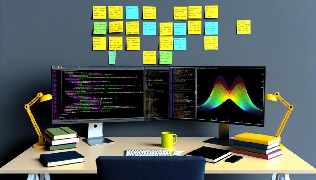 Moderner Schreibtisch mit zwei Monitoren, die einen Jupyter-Notebook-Code und einen farbenfrohen Matplotlib-Plot anzeigen. Auf dem Schreibtisch liegen Notizbücher, Python-Bücher und Kaffeetassen. Im Hintergrund sind Workflow-Schritte auf Klebezetteln zu sehen.