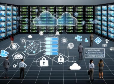 Futuristische Serverräume mit vernetzten Datenströmen, modularer CMS-Oberfläche und API-Icons, flankiert von Symbolen für Skalierbarkeit, Sicherheit und Systemintegration, während Menschen Dashboards analysieren.