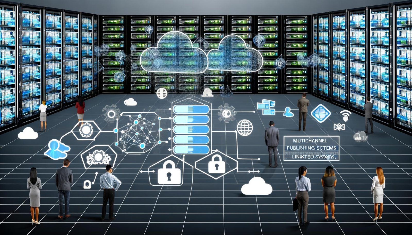Futuristische Serverräume mit vernetzten Datenströmen, modularer CMS-Oberfläche und API-Icons, flankiert von Symbolen für Skalierbarkeit, Sicherheit und Systemintegration, während Menschen Dashboards analysieren.