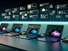 Futuristischer Arbeitsplatz mit modernen Notebooks, modularen Teilen, OLED-Bildschirmen, recycelten Materialien und Hardware-Sicherheitsschaltern, untermalt von digitalen Infografiken zu KI und Nachhaltigkeit.