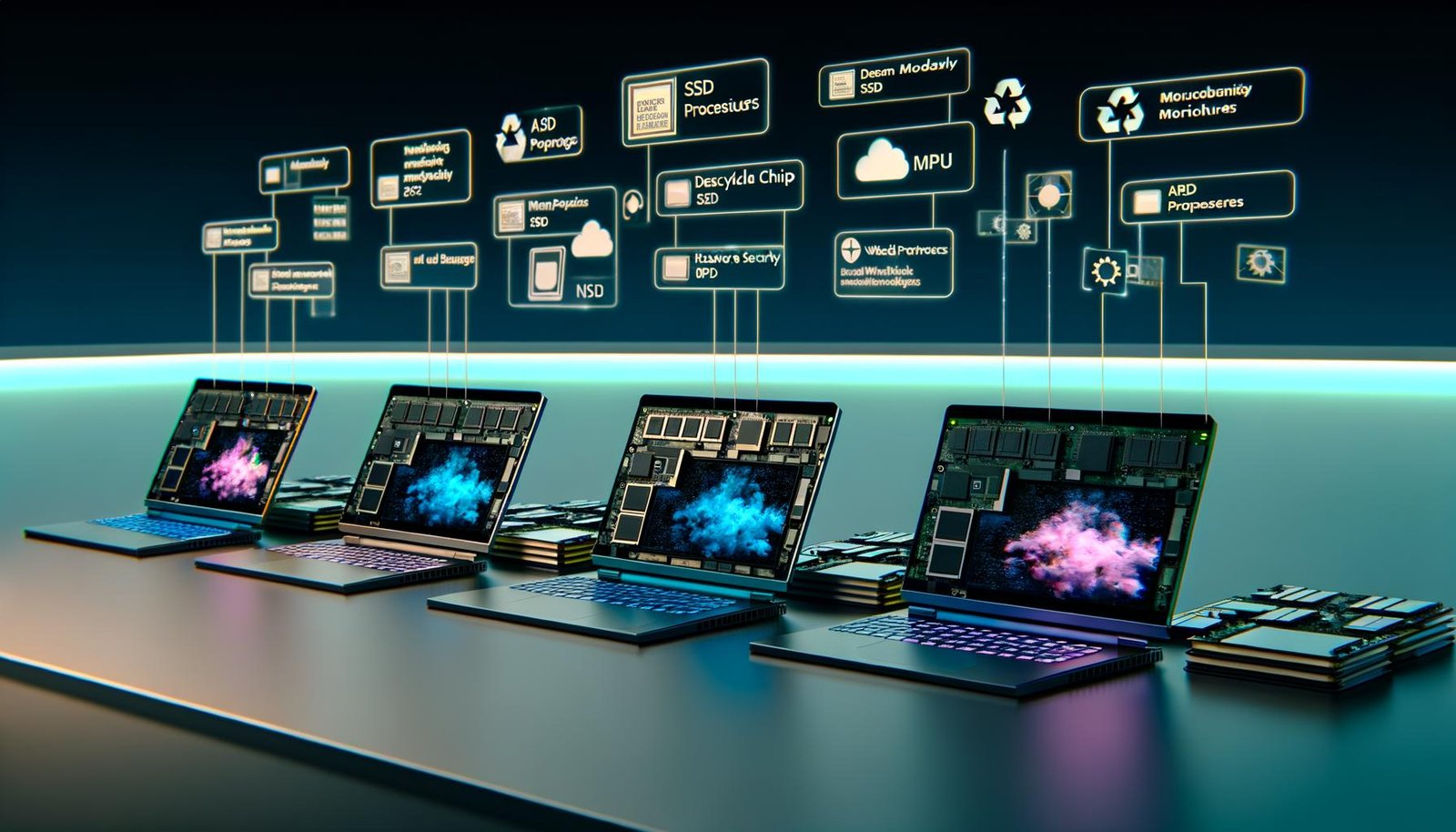 Futuristischer Arbeitsplatz mit modernen Notebooks, modularen Teilen, OLED-Bildschirmen, recycelten Materialien und Hardware-Sicherheitsschaltern, untermalt von digitalen Infografiken zu KI und Nachhaltigkeit.