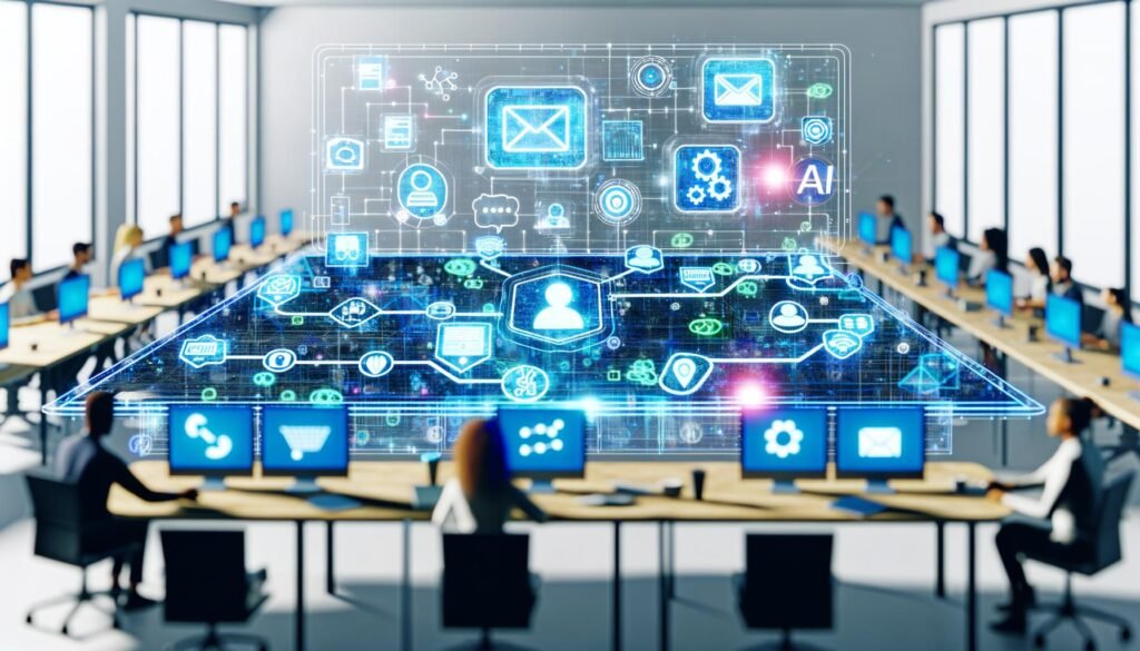 Futuristisches Büro mit holografischem Tisch, digitalen Marketing-Workflows, transparenten Dashboards und KI-Integrationen wie GPT, Gemini, Claude, Zapier und Make im Jahr 2025.