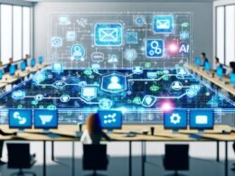 Futuristisches Büro mit holografischem Tisch, digitalen Marketing-Workflows, transparenten Dashboards und KI-Integrationen wie GPT, Gemini, Claude, Zapier und Make im Jahr 2025.