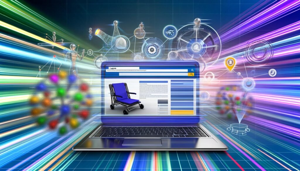 Laptop mit geöffneter Notebook-Shop-Seite voller SEO-Datenvisualisierungen und technischer Analysen vor einem Hintergrund aus Suchalgorithmen, Datenströmen und Suchmaschinen-Bots.