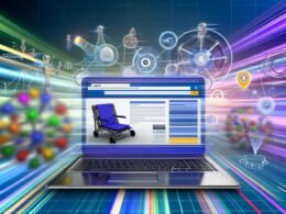 Laptop mit geöffneter Notebook-Shop-Seite voller SEO-Datenvisualisierungen und technischer Analysen vor einem Hintergrund aus Suchalgorithmen, Datenströmen und Suchmaschinen-Bots.