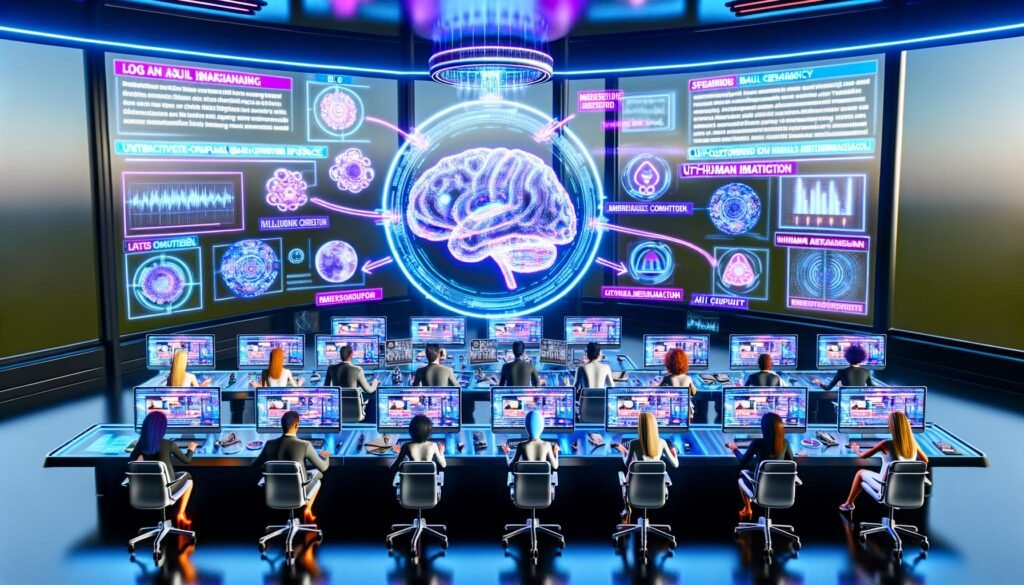 Futuristisch gestalteter Marketing-Raum mit digitalen Marketern an transparenten Bildschirmen, KI-Hologramm und leuchtendem Ambiente.