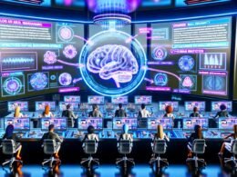 Futuristisch gestalteter Marketing-Raum mit digitalen Marketern an transparenten Bildschirmen, KI-Hologramm und leuchtendem Ambiente.