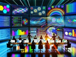 Modernes Dashboard-Interface mit Diagrammen, Heatmaps, Live-Grafen und Farbcodes, umgeben von einem diskutierenden Data Science-Team vor großen Monitoren in einem lichtdurchfluteten Raum.