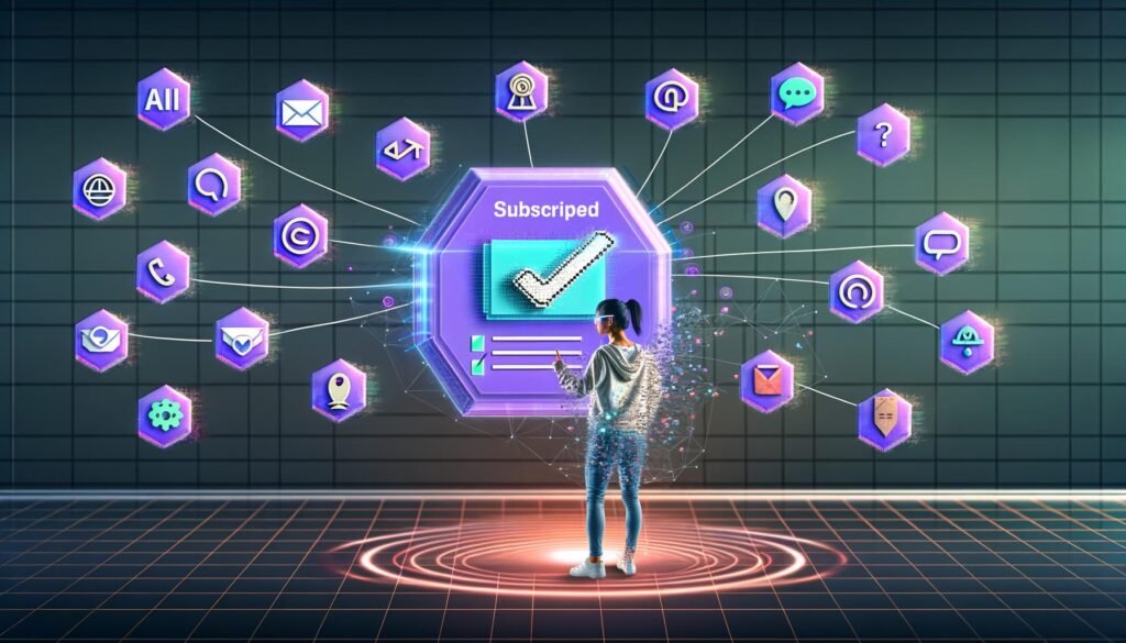 Futuristisches Büro mit einem jungen Marketer, der auf eine digitale Checkliste am transparenten Display tippt, umgeben von Icons für KI, GPT-Tools, Blockchain, NFTs und SaaS-Logos, die durch leuchtende Linien verbunden sind.