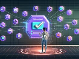 Futuristisches Büro mit einem jungen Marketer, der auf eine digitale Checkliste am transparenten Display tippt, umgeben von Icons für KI, GPT-Tools, Blockchain, NFTs und SaaS-Logos, die durch leuchtende Linien verbunden sind.