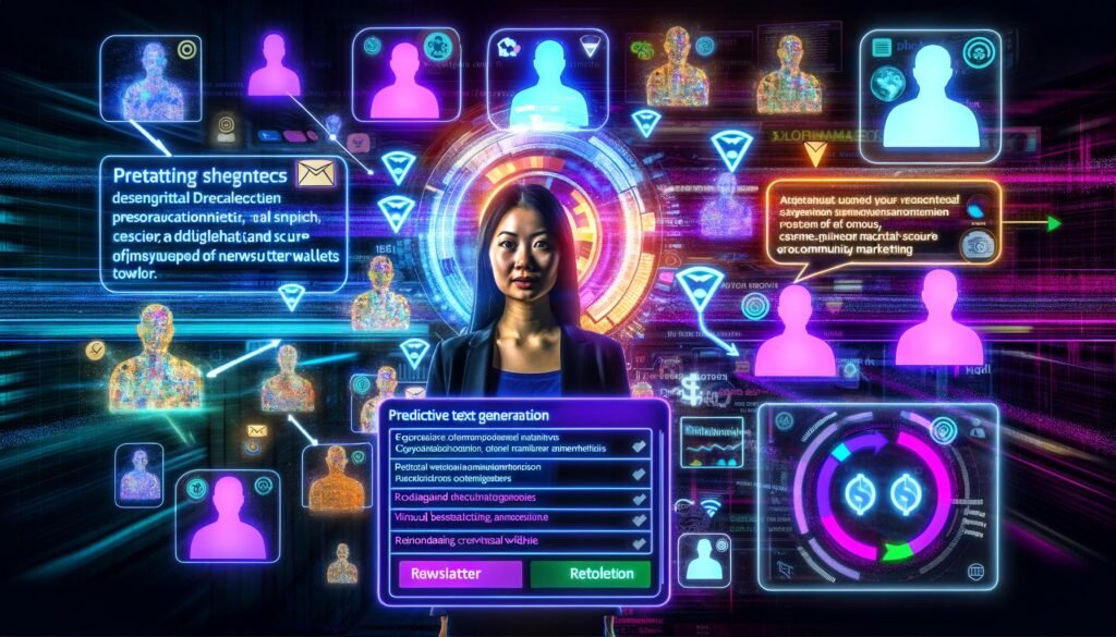 Futuristischer digitaler Workspace mit schwebenden GPT-Interface, NFT-Tokens, Newsletter-Dashboards und digitalen Avataren, die nahtlose Integration und Automatisierung im modernen Community Marketing zeigen.