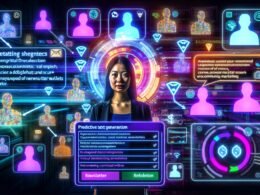 Futuristischer digitaler Workspace mit schwebenden GPT-Interface, NFT-Tokens, Newsletter-Dashboards und digitalen Avataren, die nahtlose Integration und Automatisierung im modernen Community Marketing zeigen.