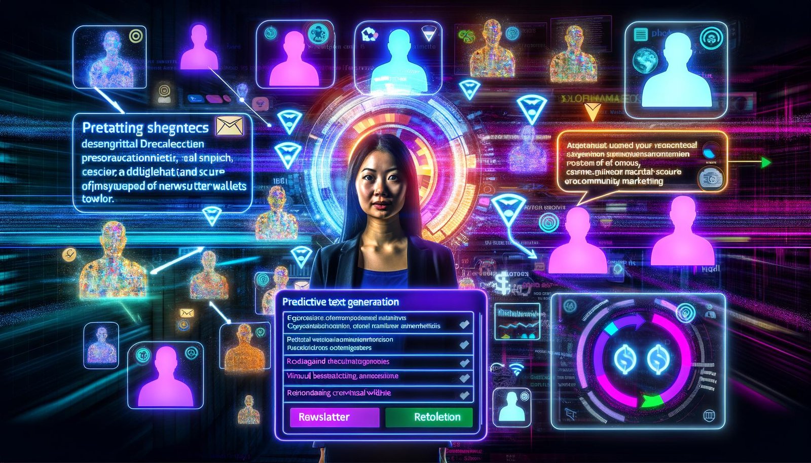 Futuristischer digitaler Workspace mit schwebenden GPT-Interface, NFT-Tokens, Newsletter-Dashboards und digitalen Avataren, die nahtlose Integration und Automatisierung im modernen Community Marketing zeigen.