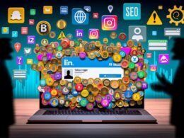 Überladenes LinkedIn-Profil mit vielen digitalen Zertifikats-Badges, Tech- und Marketing-Icons sowie Recruitern im Hintergrund.