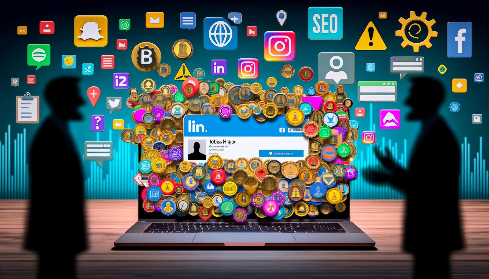 Überladenes LinkedIn-Profil mit vielen digitalen Zertifikats-Badges, Tech- und Marketing-Icons sowie Recruitern im Hintergrund.