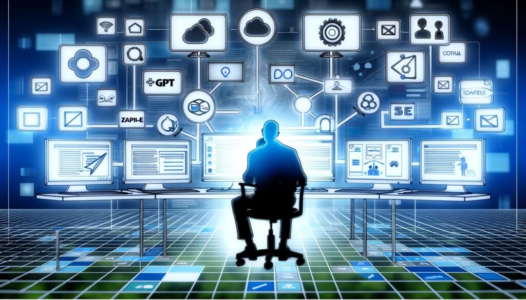 Allein arbeitende Person vor mehreren Monitoren mit Icons von GPT, Zapier, DALL-E und SEO-Tools, umgeben von Content-Flowcharts, Checklisten und Cloud-Symbolen. Darstellung effizienter, automatisierter Publishing-Prozesse.