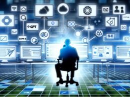 Allein arbeitende Person vor mehreren Monitoren mit Icons von GPT, Zapier, DALL-E und SEO-Tools, umgeben von Content-Flowcharts, Checklisten und Cloud-Symbolen. Darstellung effizienter, automatisierter Publishing-Prozesse.